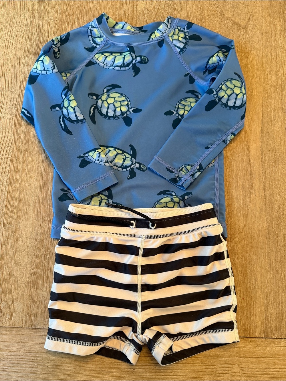 Tea Collection Blue Turtle Rashguard Set with Black and White Stripe Shorts